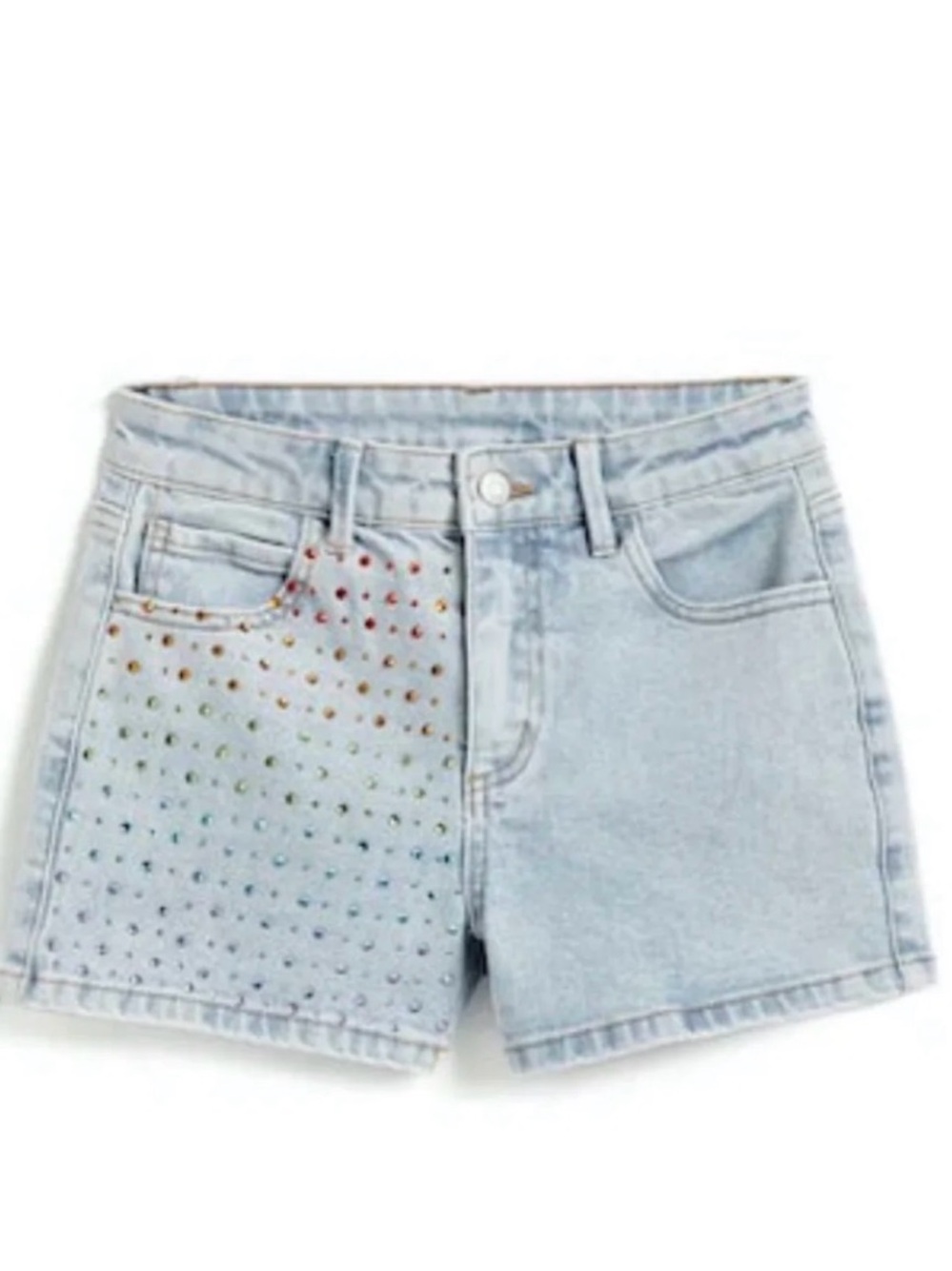 Tractr Girls Rainbow Rhinestone High Rise Short in Stretch Denim